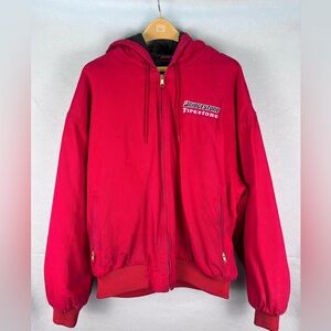 Rare Vtg XXL Bridgestone Firestone Red Hooded Jacket Canvas Quilted Jacket